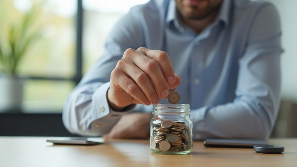 Podnikateľ vkladá peniaze do sklennej banky počas vytvárania svojho núdzového fondu