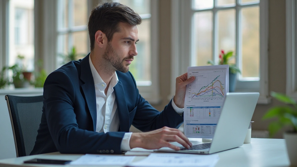 Profesionálny podnikateľ analyzuje finančné výkazy a grafy na notebooku