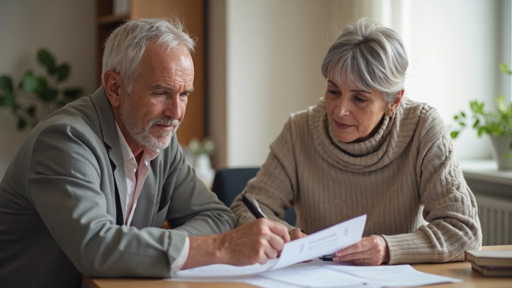 Starší pár s pomocníkom v plánovacom poradenstve pozerá na finančné dokumenty a diskutuje svoje plány na dôchodok