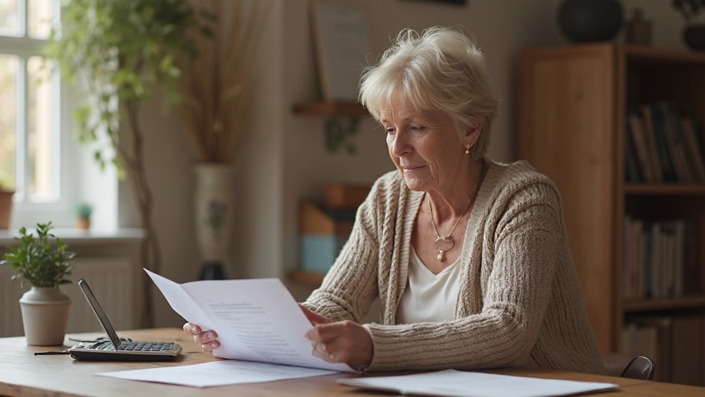 Dôchodkyňa s kalkulačkou plánu svojho mesačného rozpočtu pri kuchynskom stole